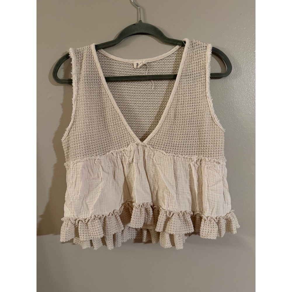 POL Clothing Boho Mixed Media Waffle Knit Gauze Ruffle Babydoll Top Cream Medium